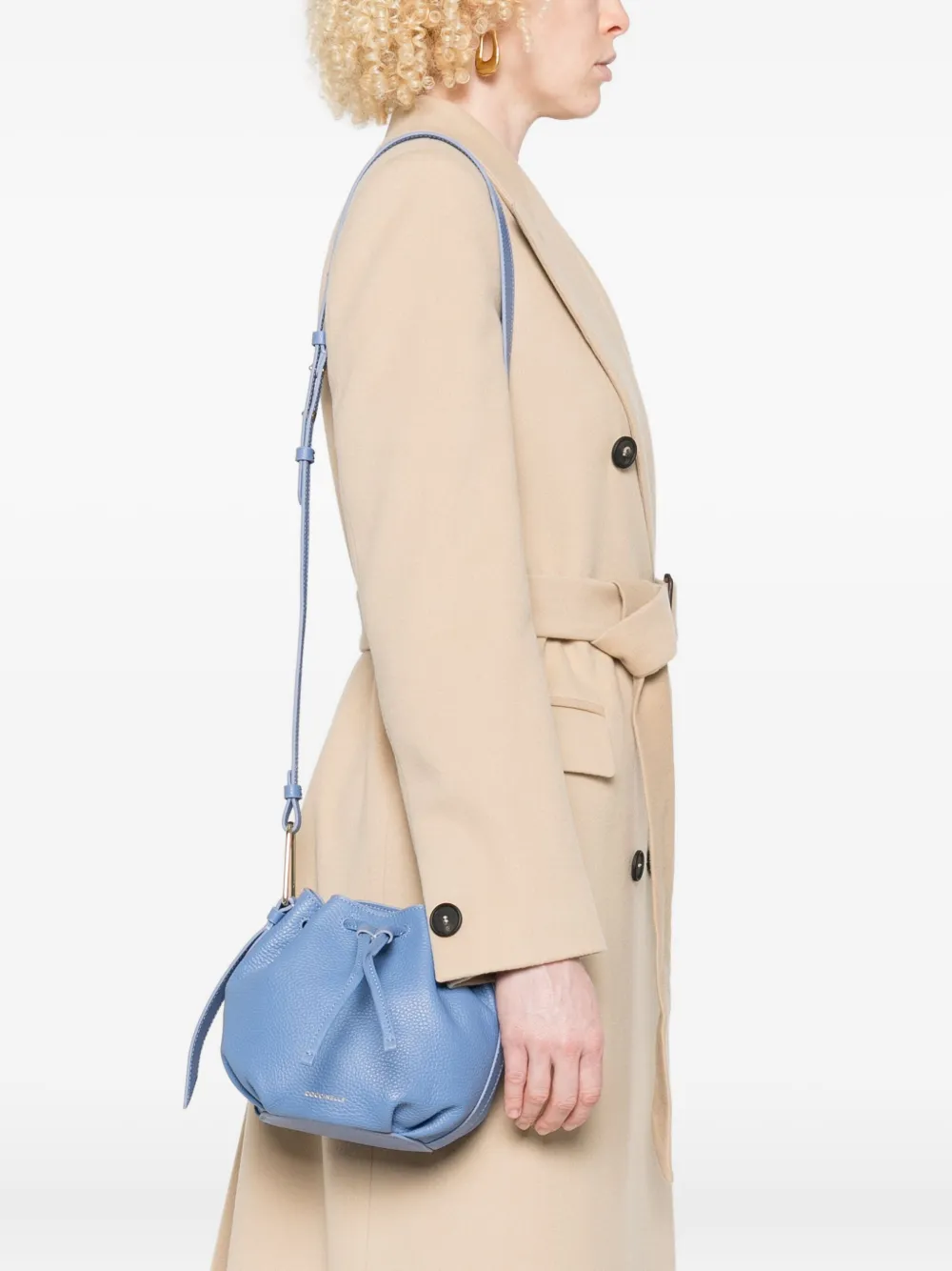 Coccinelle Malory Drawstring Leather Bucket Bag In Blue