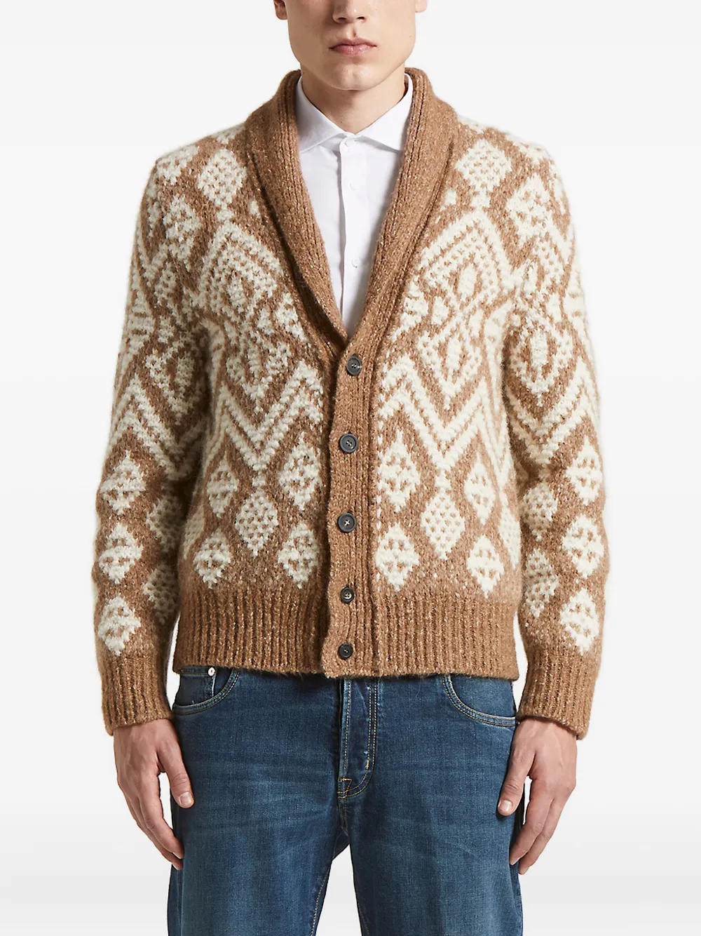 Peserico Shawl-collar Patterned Cardigan In Brown