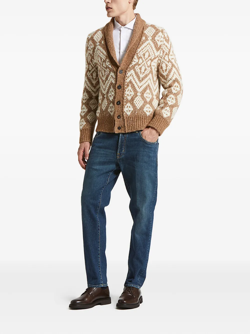 Peserico Shawl-collar Patterned Cardigan In Brown