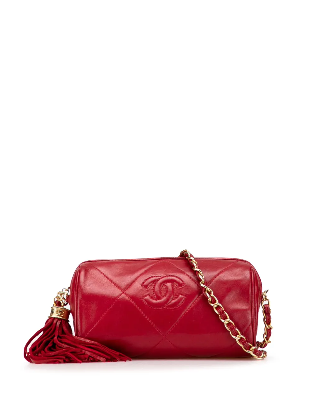Pre-owned Chanel 1986-1988 Mini Quilted Lambskin Tassel Barrel Crossbody Bag In Red