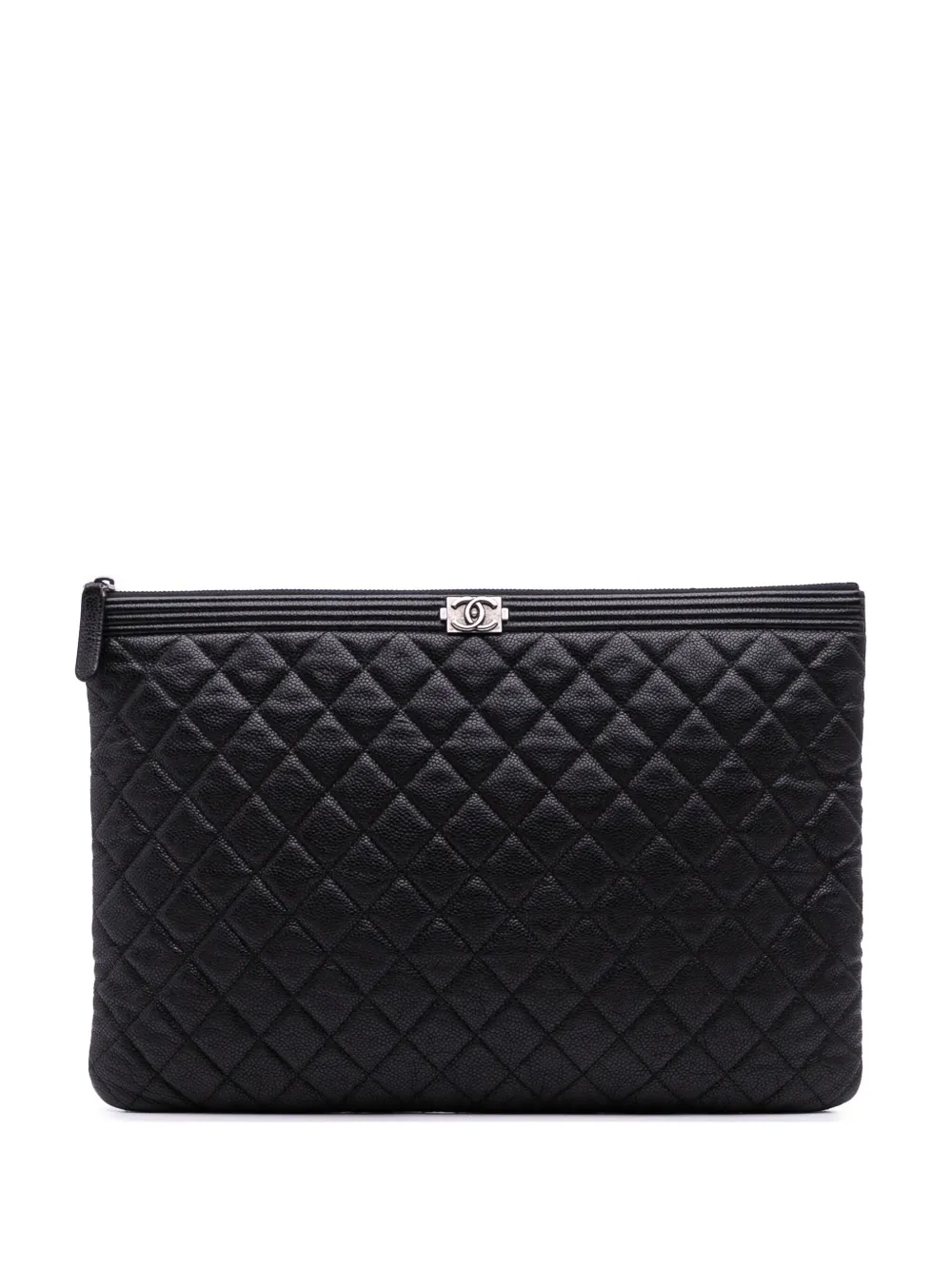 Pre-owned Chanel 2016-2017 Large Quilted Caviar Boy O Case Clutch Bag In Black