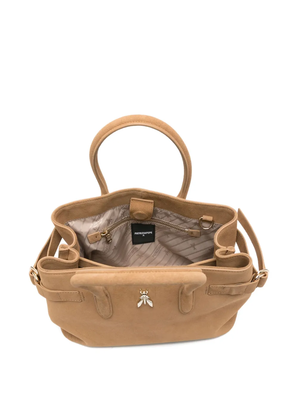 Patrizia Pepe New Business Logo-embellished Suede Shoulder Bag In Neutral