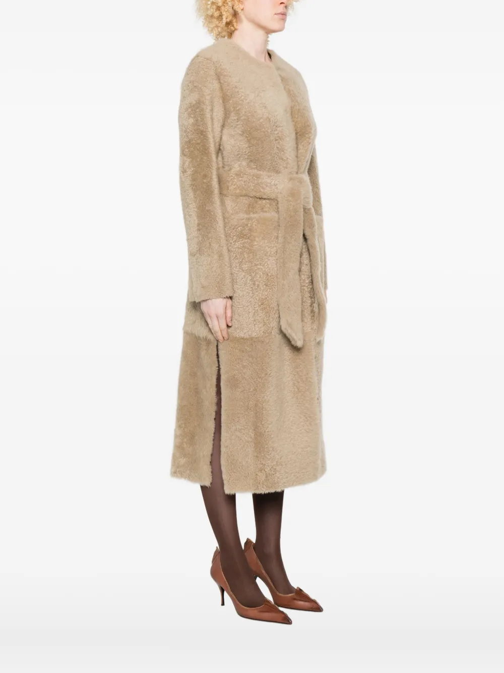 Furling By Giani Belted Single-breasted Sheepskin Coat In Neutral