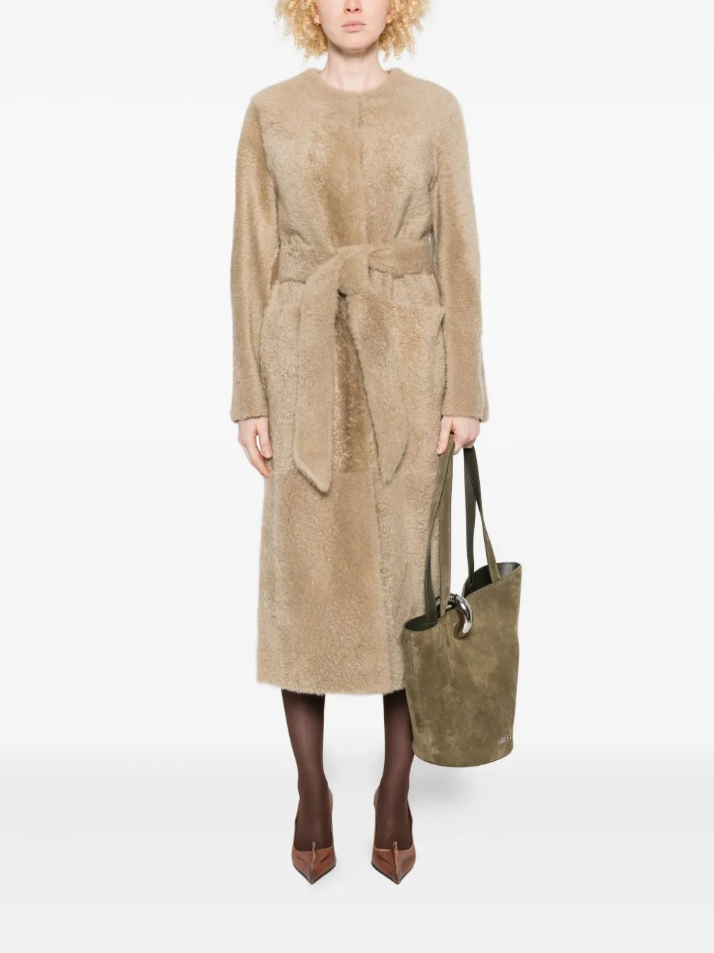 Furling By Giani Belted Single-breasted Sheepskin Coat In Neutral