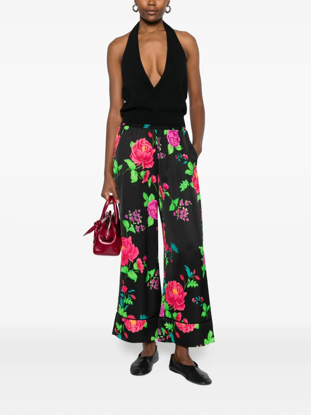 NISSA Broek met elastische taille en bloemenprint - Zwart