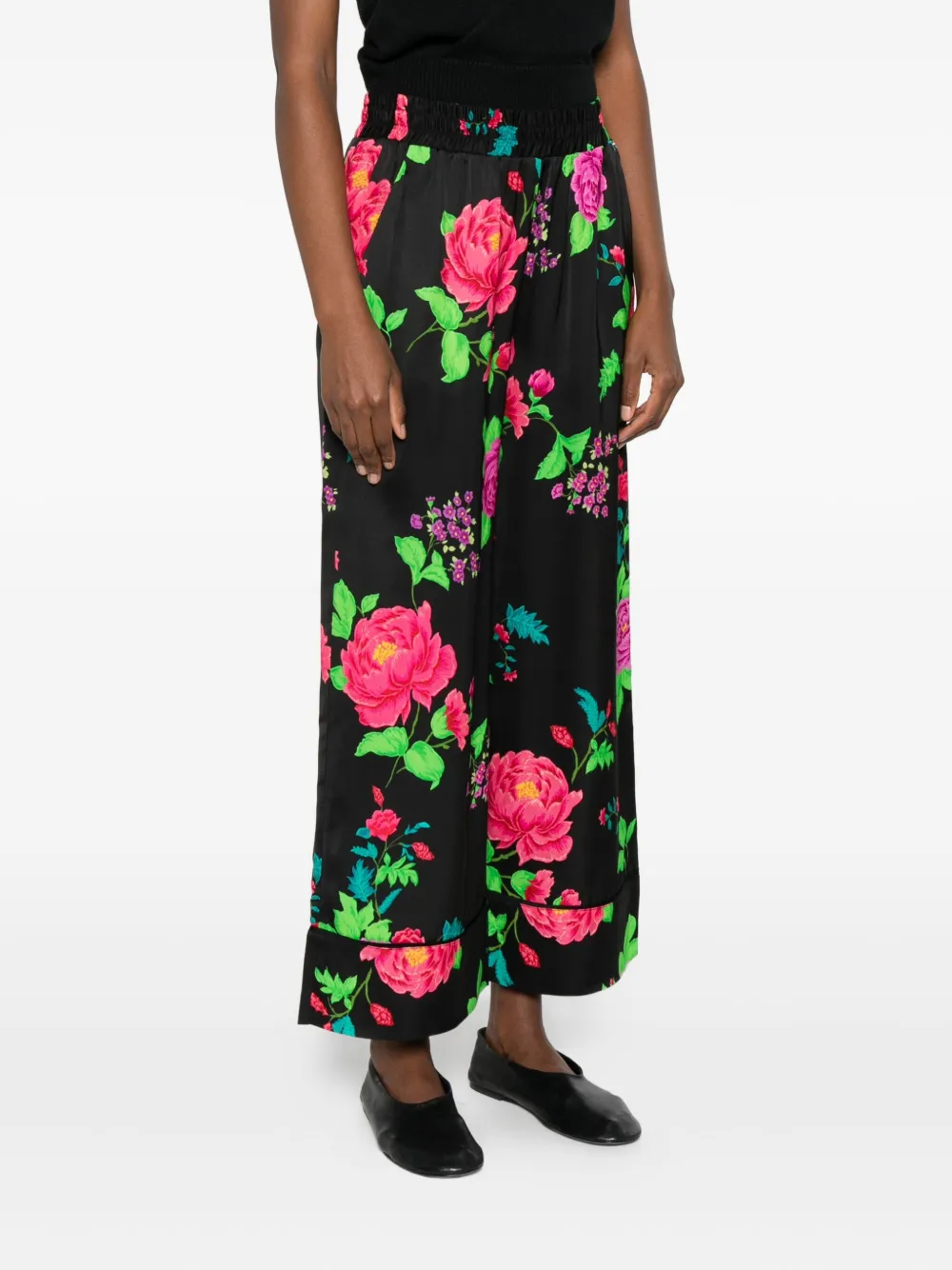 NISSA Broek met elastische taille en bloemenprint Zwart