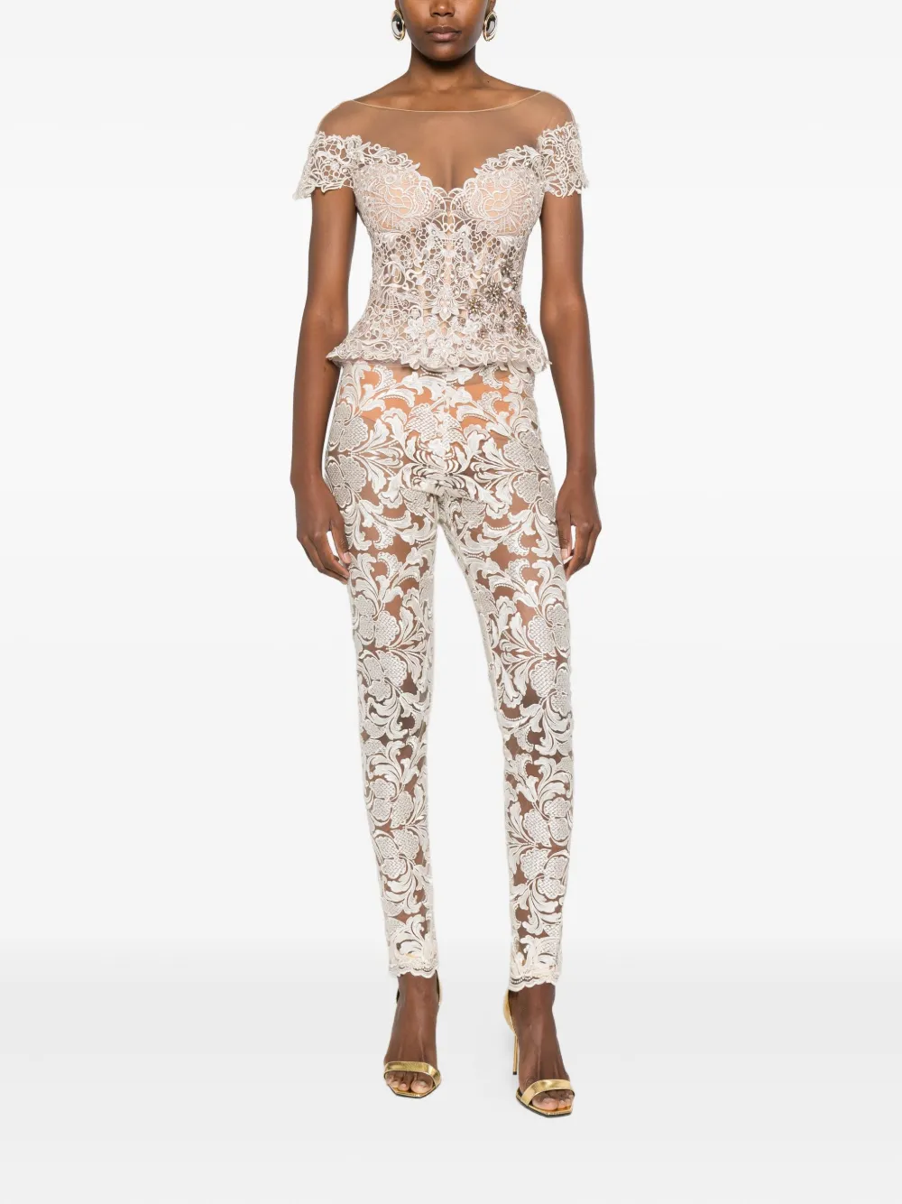 Gemy Maalouf Legging met bloemenkant - Beige