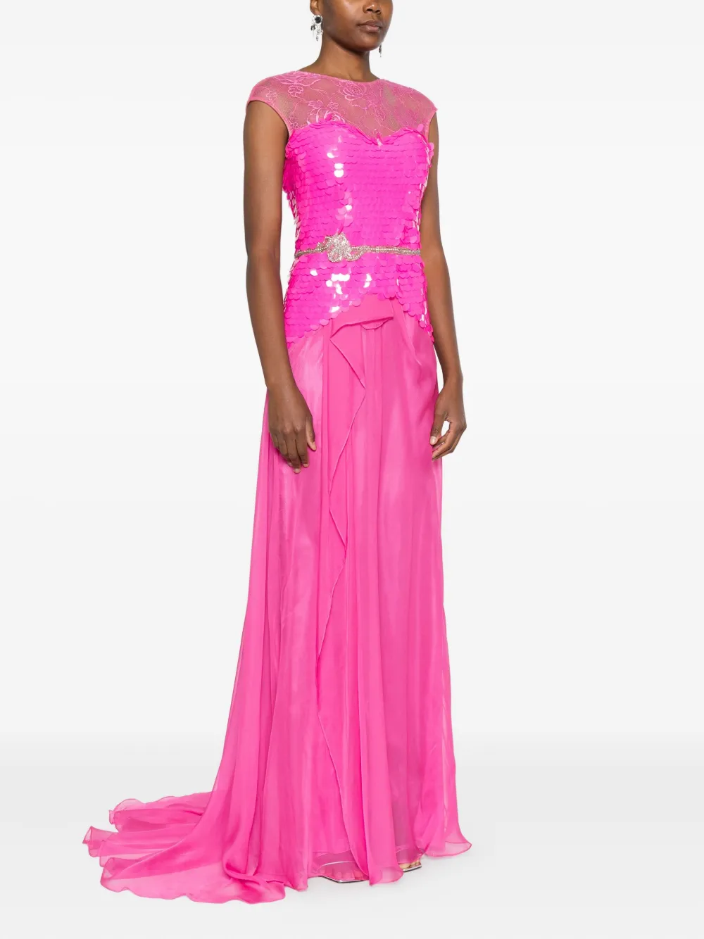 Gemy Maalouf Lace-panelled Sequinned Gown In Pink