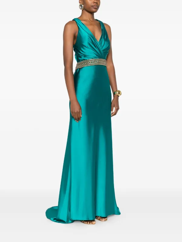 green emerald velvet dress Slim V-Neck Dress with Pleated Shoulders