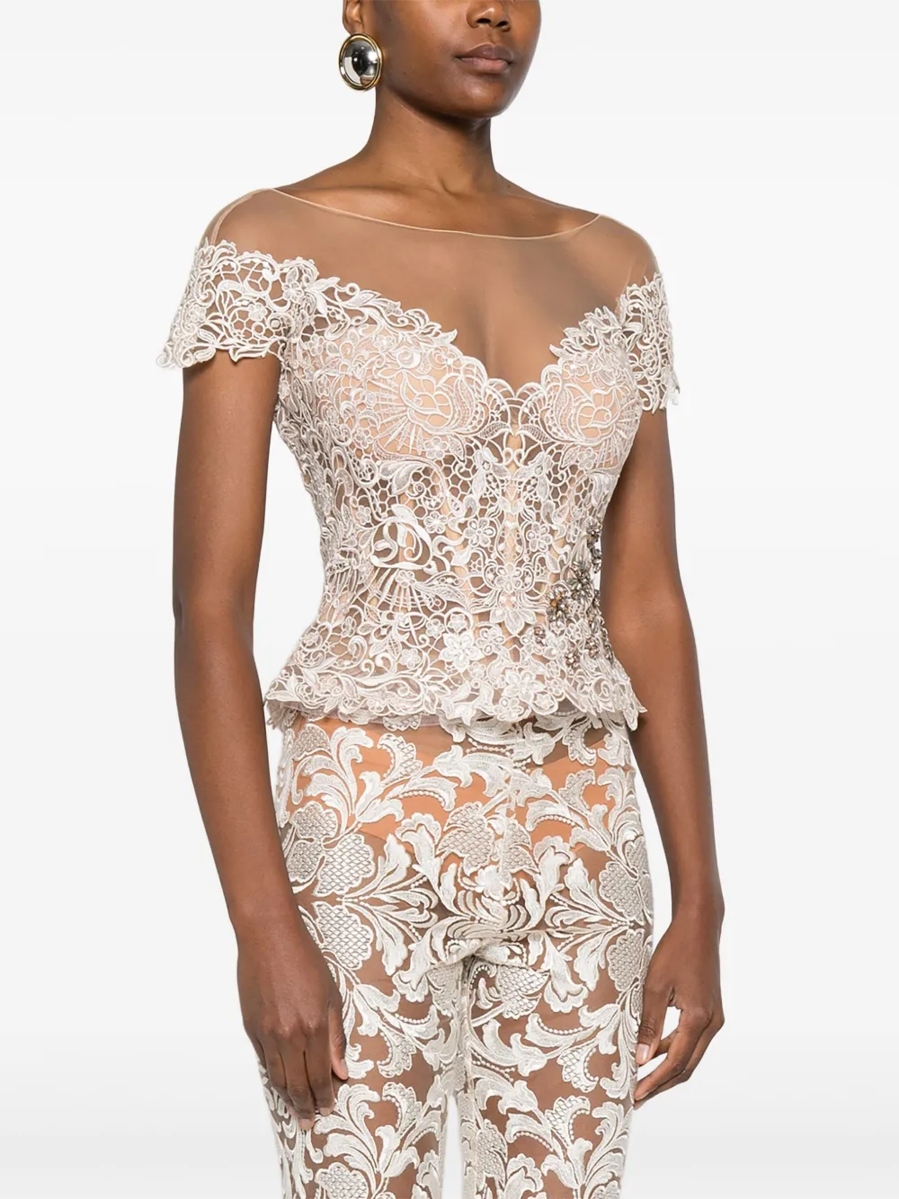 Gemy Maalouf Bead-embellished Lace Top In Neutral