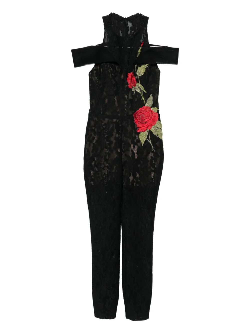 Gemy Maalouf Tuta intera con spalle scoperte e ricamo rose - Nero