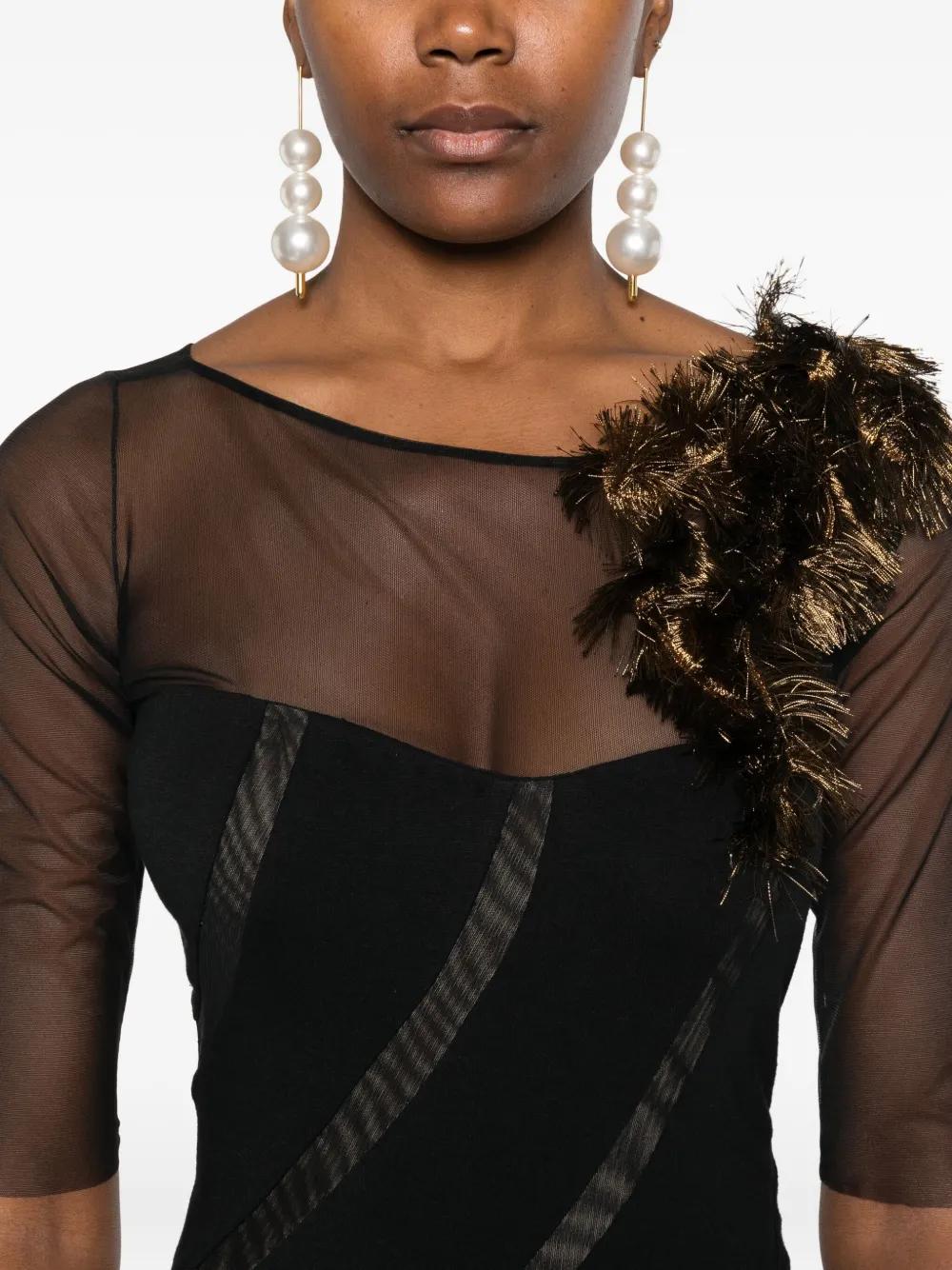 Gemy Maalouf Jurk verfraaid met veren en doorzichtig vlak Zwart