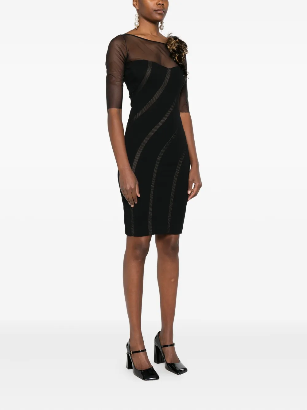 Gemy Maalouf Jurk verfraaid met veren en doorzichtig vlak Zwart