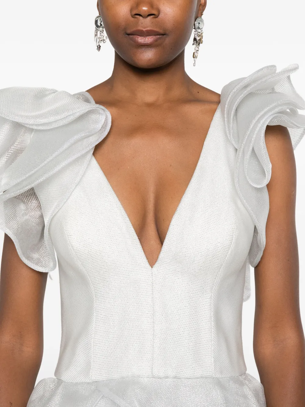 Gemy Maalouf Ruffled Tiered Gown In Silver
