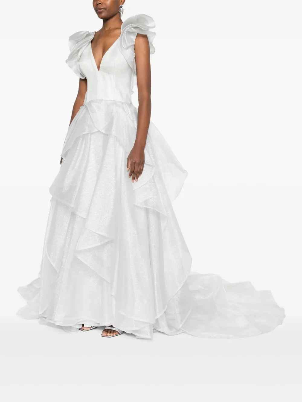 Gemy Maalouf Ruffled Tiered Gown In Silver