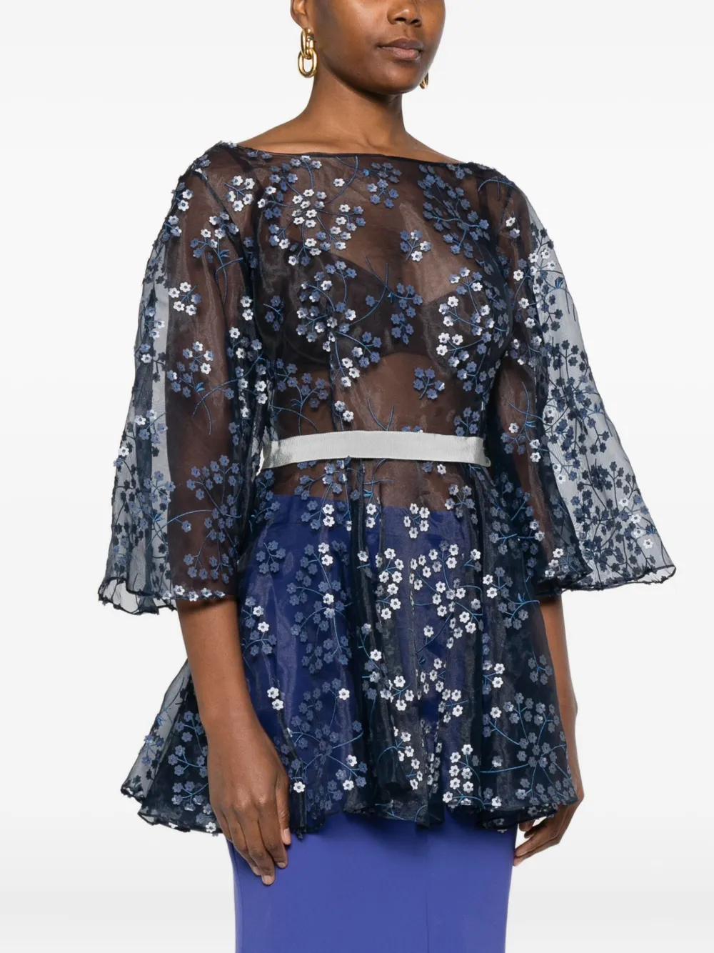 Gemy Maalouf Floral-embroidered Bell-sleeve Top In Blue