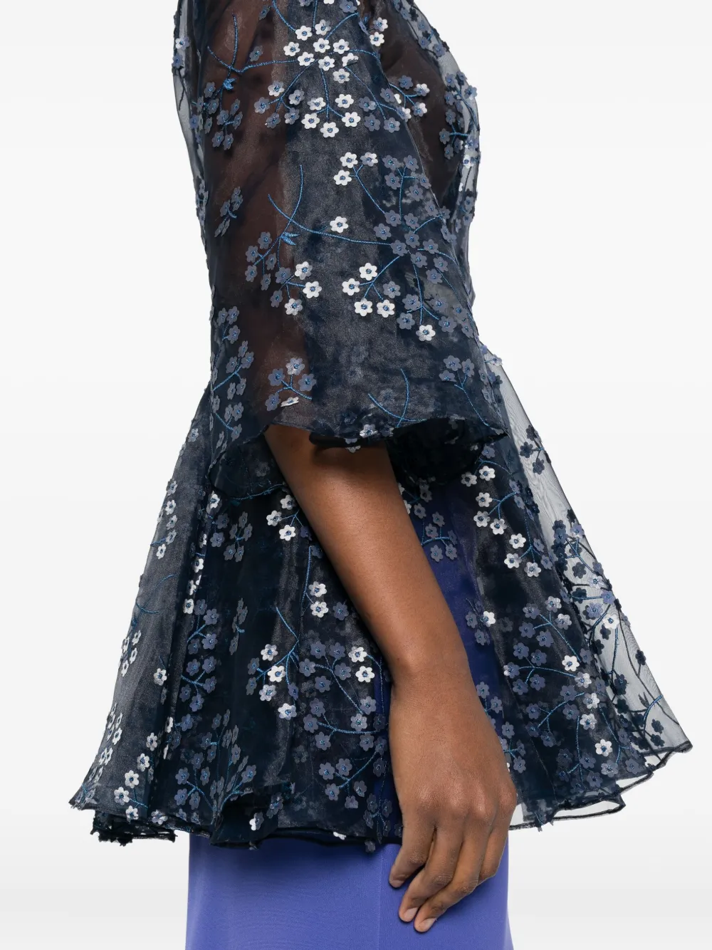 Gemy Maalouf Floral-embroidered Bell-sleeve Top In Blue