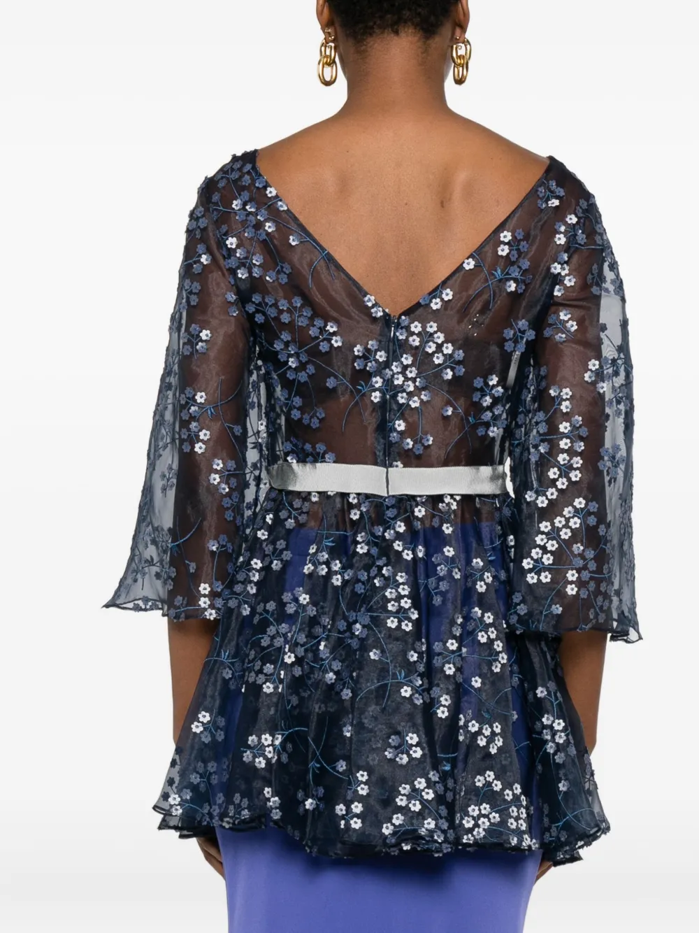 Gemy Maalouf Floral-embroidered Bell-sleeve Top In Blue