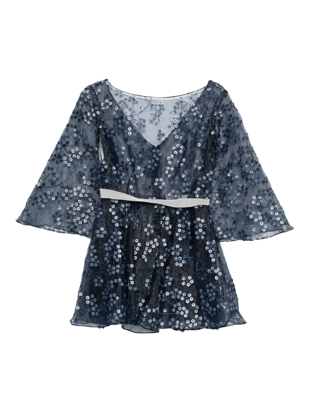 Gemy Maalouf Floral-embroidered Bell-sleeve Top In Blue