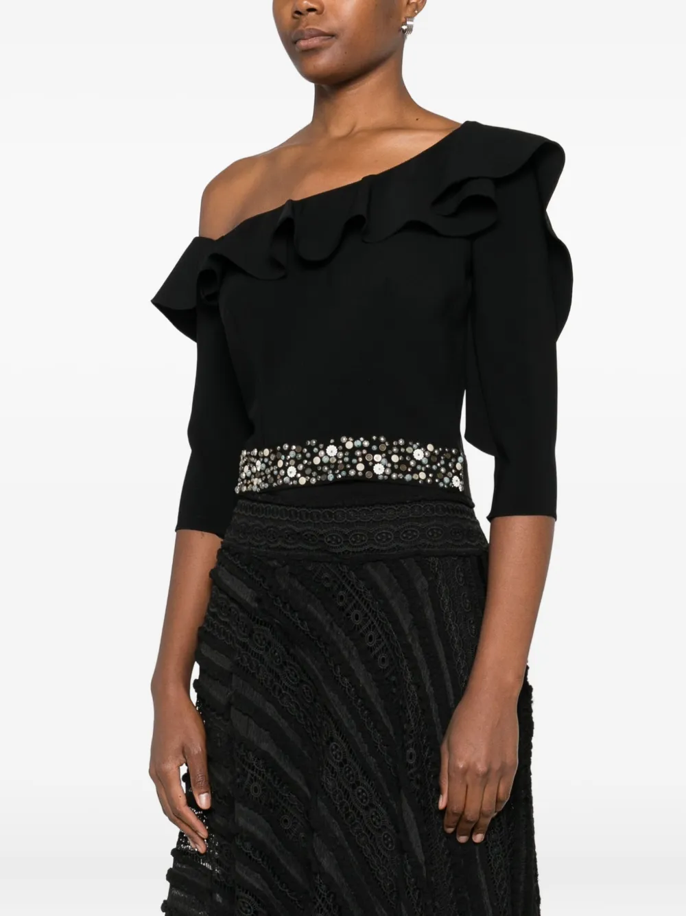 Gemy Maalouf Embellished Ruffled Top In Black