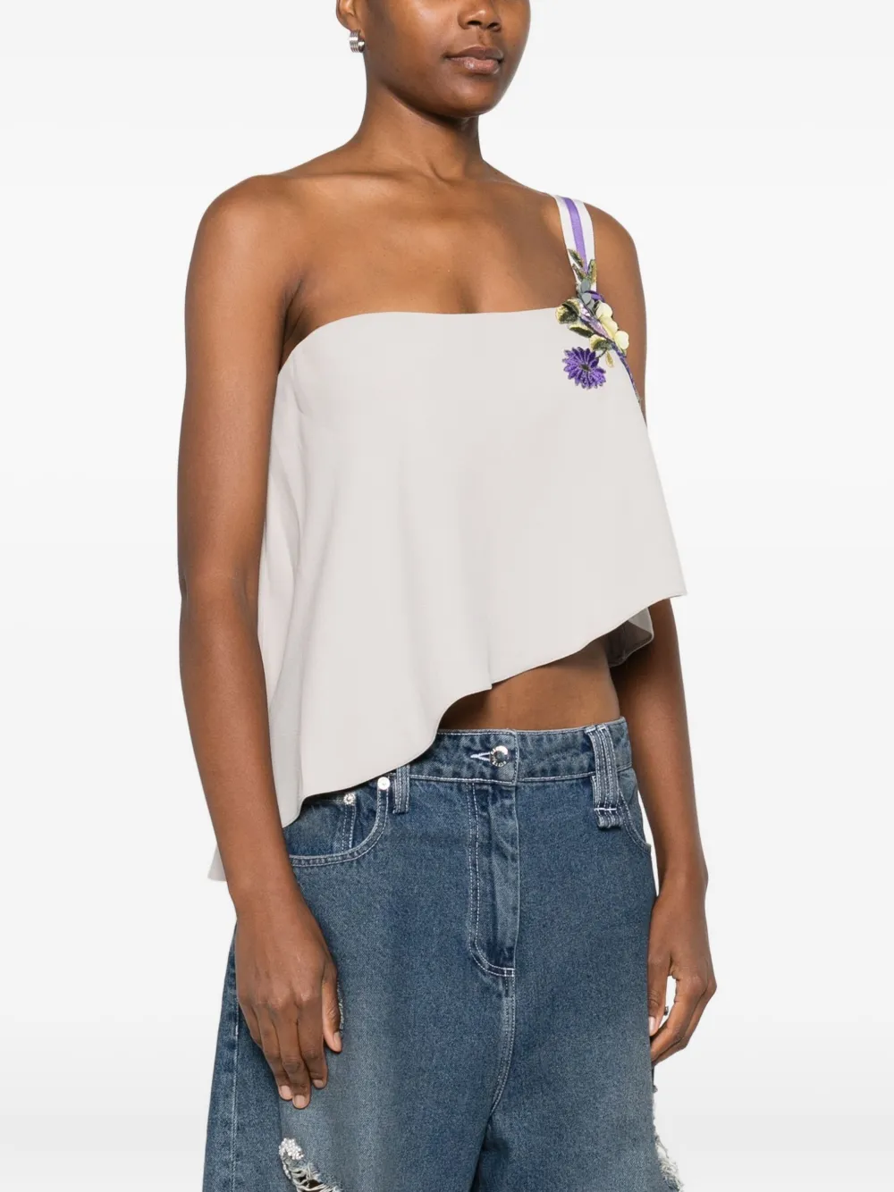 Gemy Maalouf Embroidered-flowers One-shoulder Top In Gray