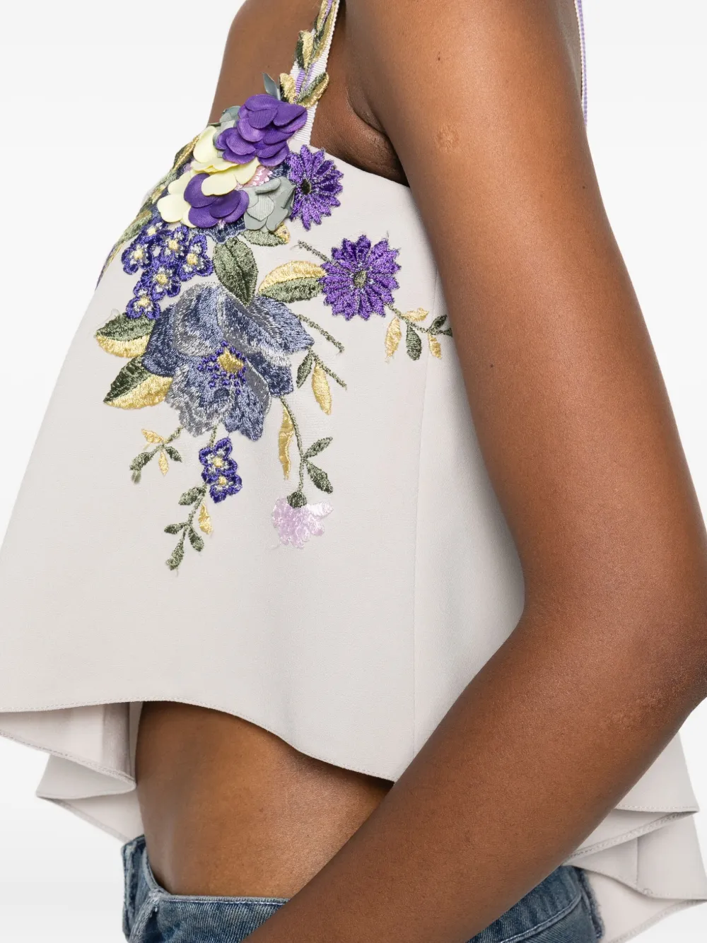 Gemy Maalouf Embroidered-flowers One-shoulder Top In Gray