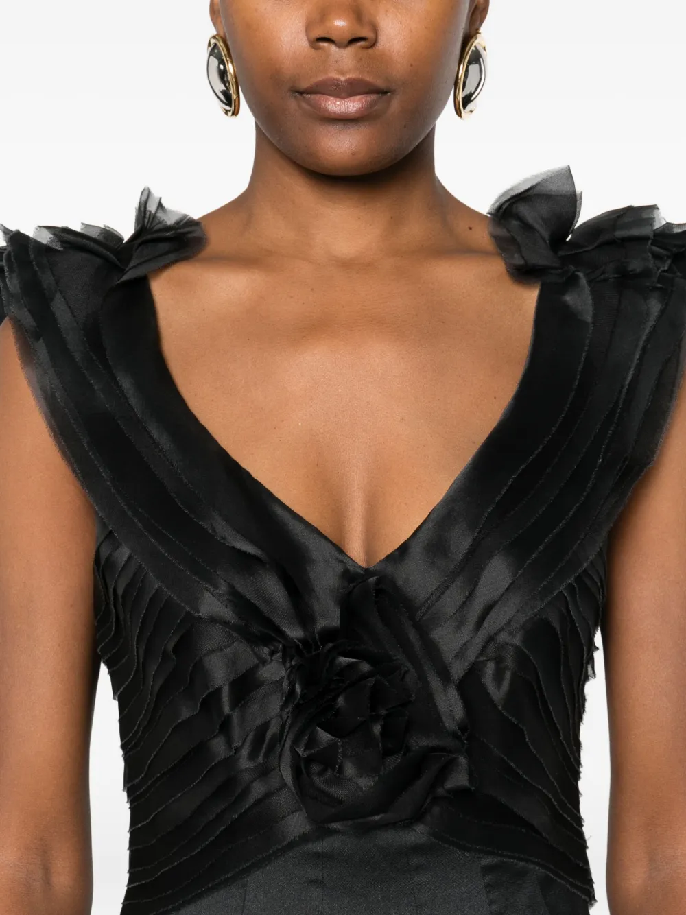 Gemy Maalouf Rose-embellished Pleated Dress In Black