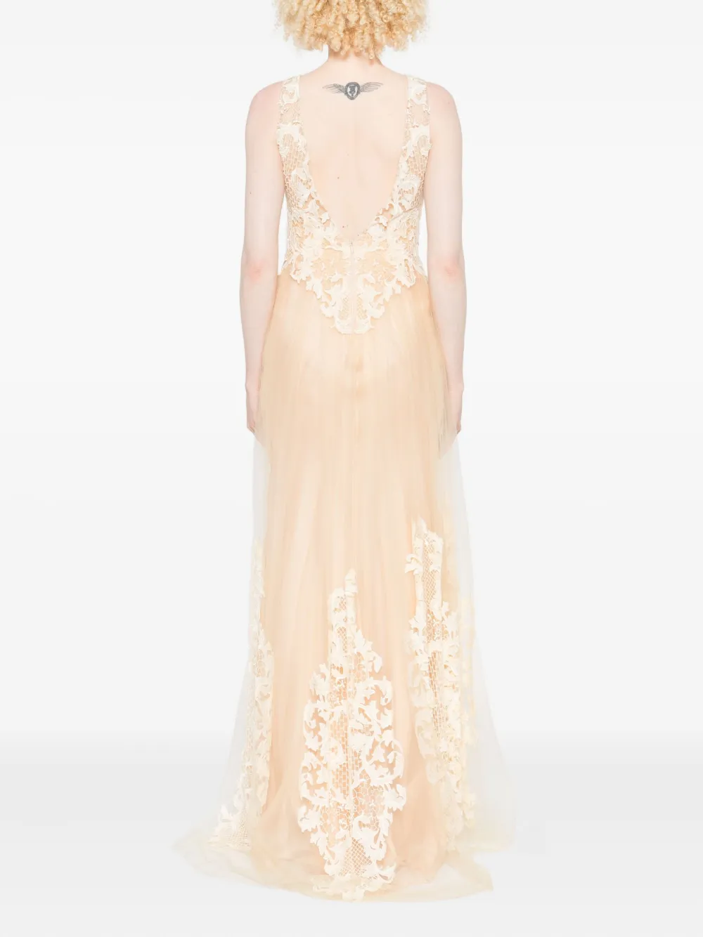 Gemy Maalouf Tulen jurk met kanten verfraaiing Beige