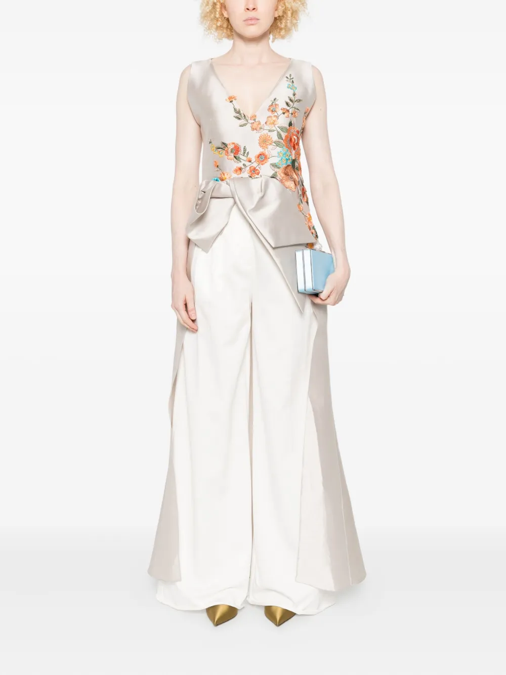 Gemy Maalouf Tp met geborduurde bloemen en strik - Beige