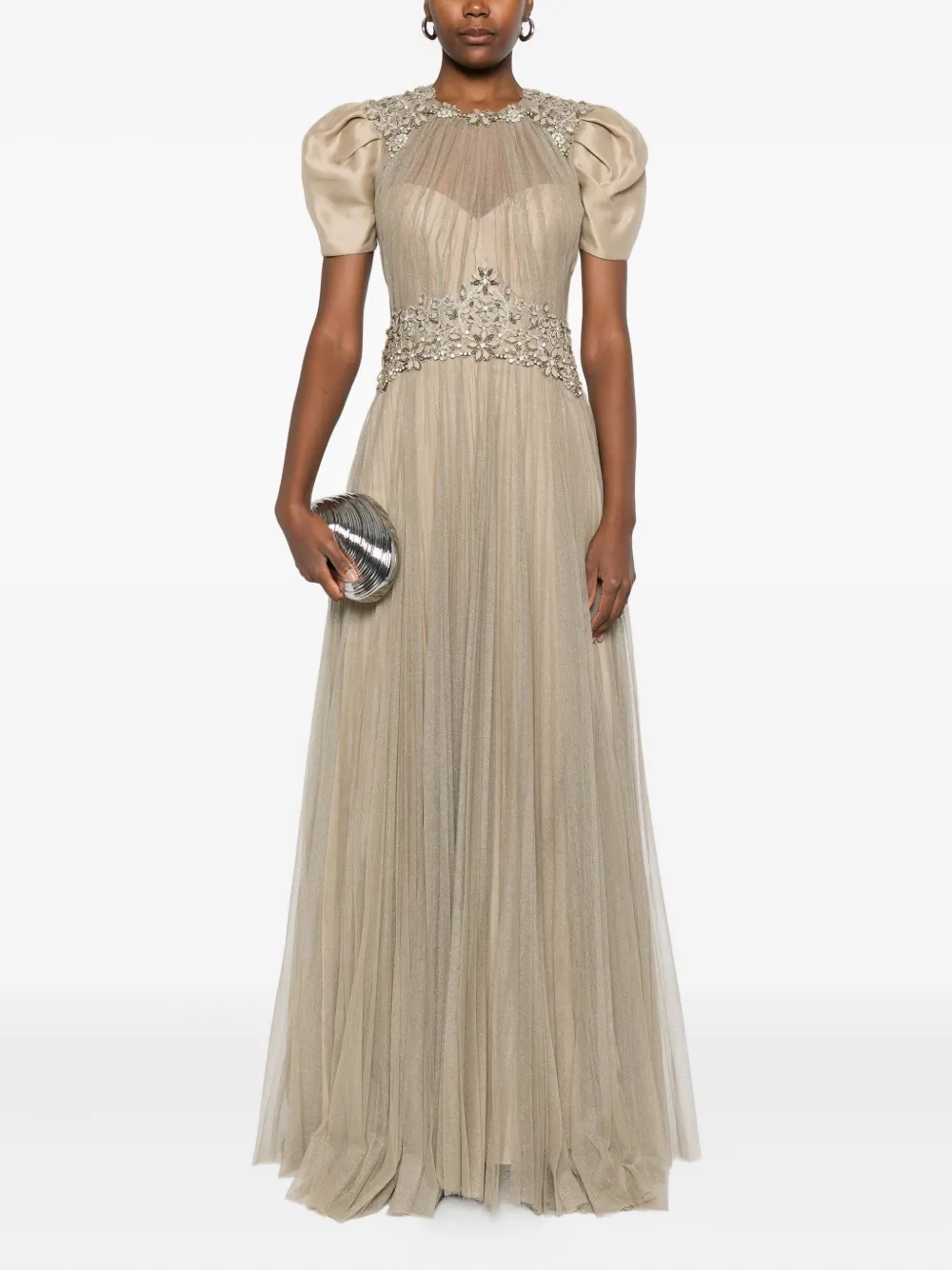 Gemy Maalouf Embellished Puff-sleeve Maxi Dress In Neutral