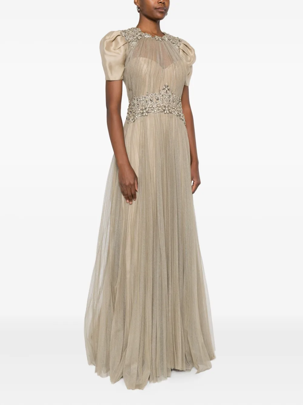 Gemy Maalouf Embellished Puff-sleeve Maxi Dress In Neutral