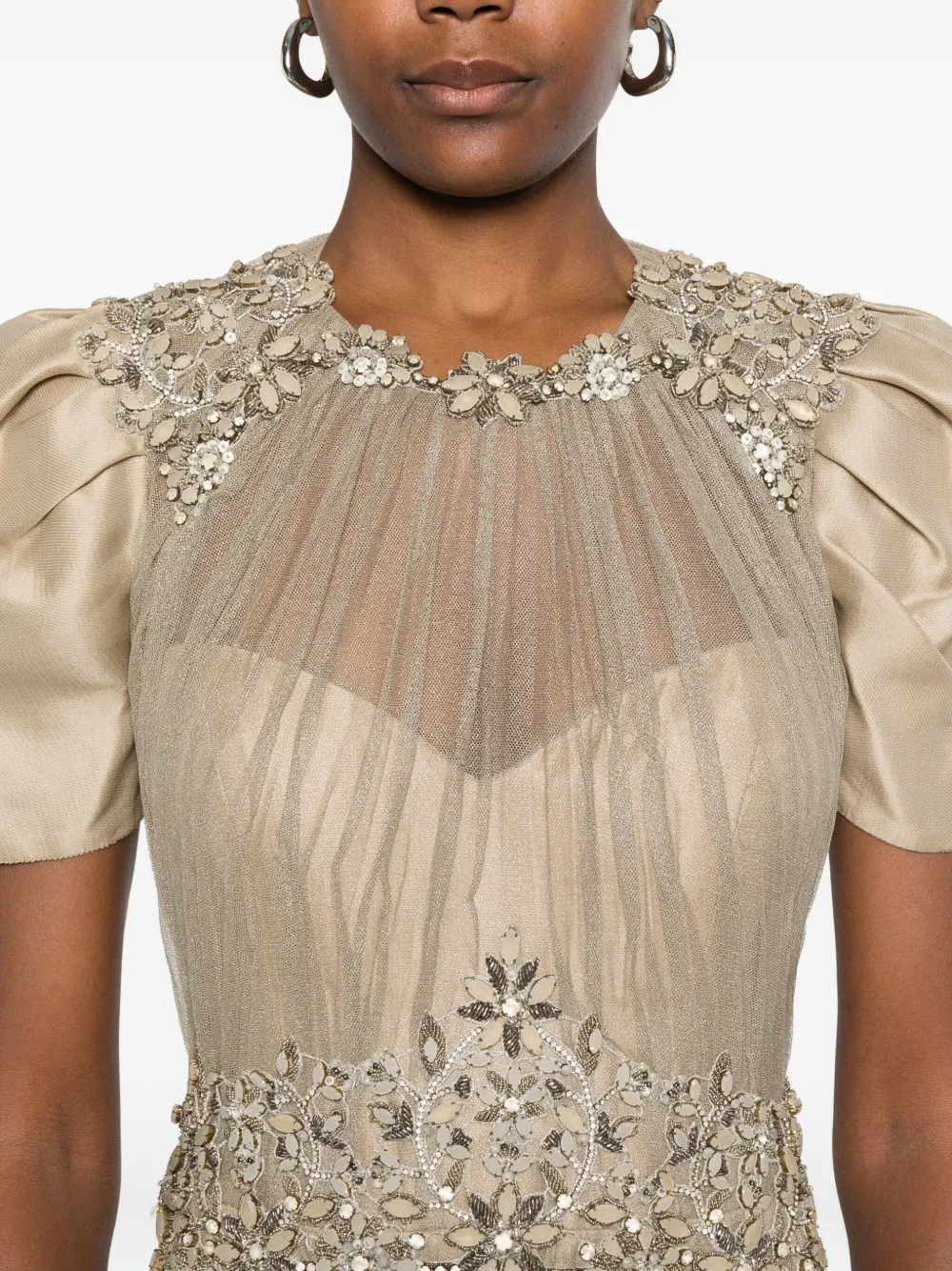 Gemy Maalouf Embellished Puff-sleeve Maxi Dress In Neutral