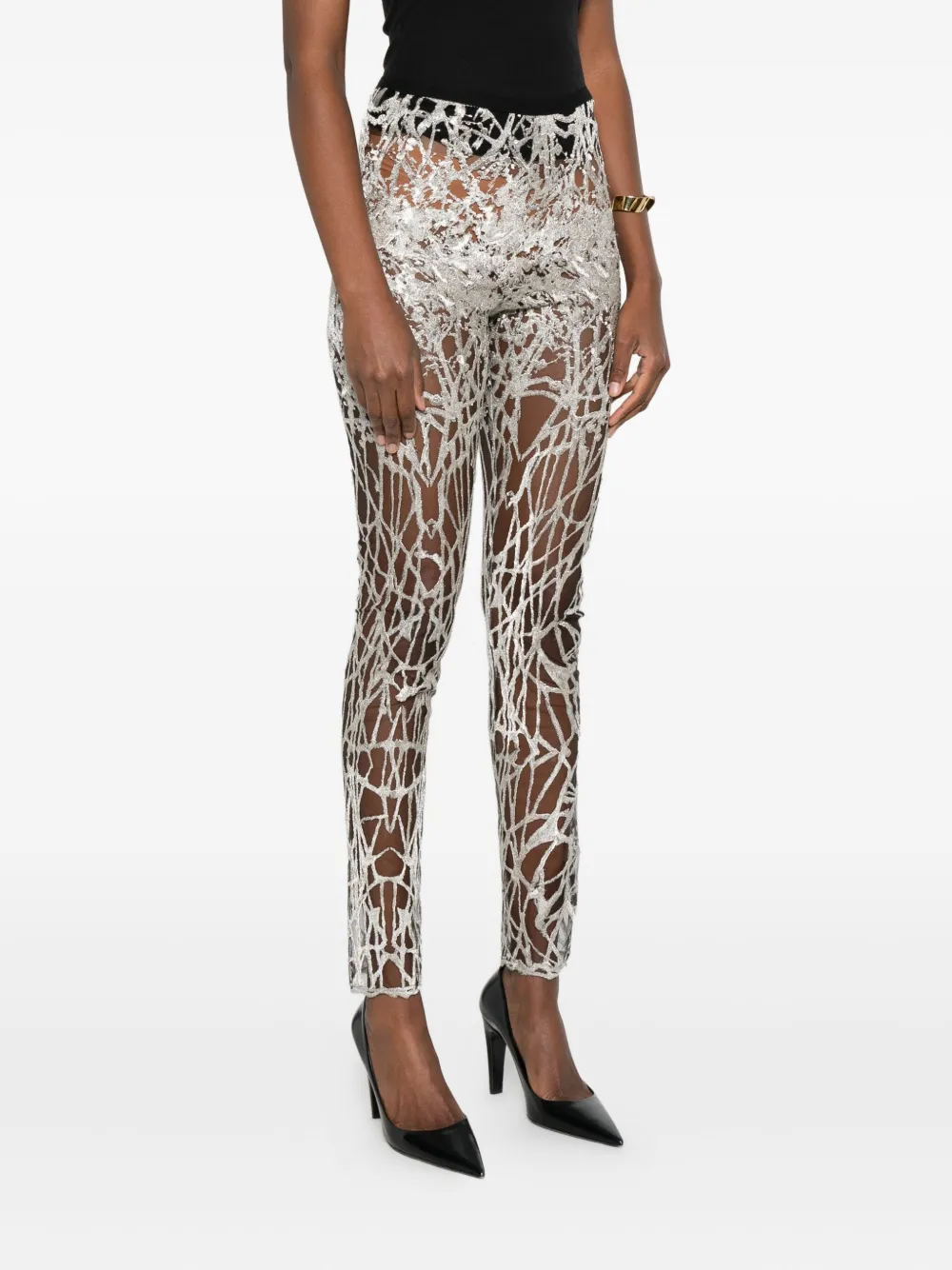 Gemy Maalouf Lace-pattern Metallic Leggings In Black