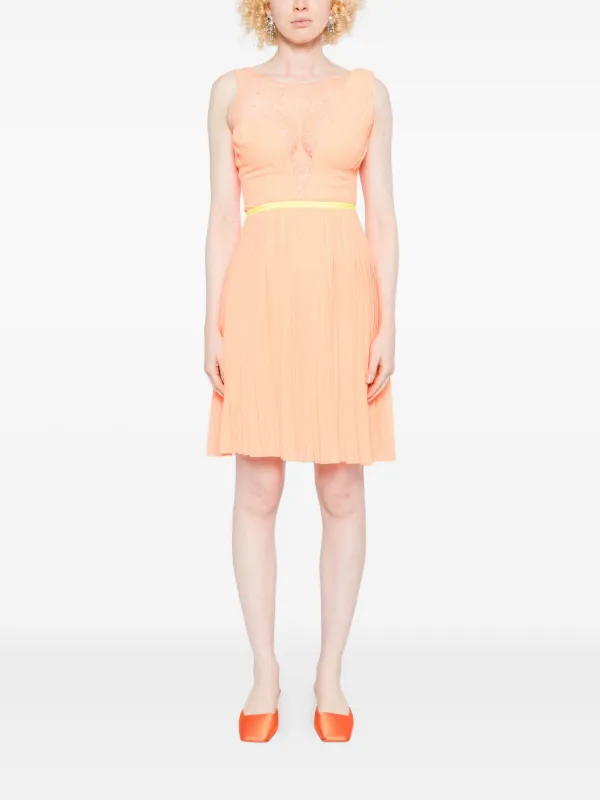 Gemy Maalouf Pleated Mini Dress with Lace Insert - Orange