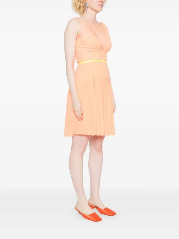knee length dresses for ladies Pink Lace Inserts Tiered Mini Dress