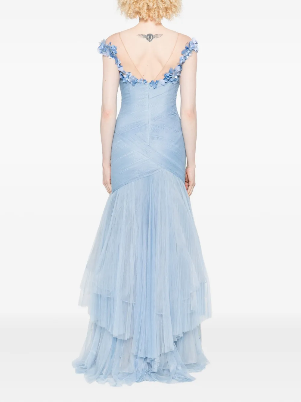 Gemy Maalouf Gelaagde tulen maxi-jurk verfraaid met bloemen Blauw