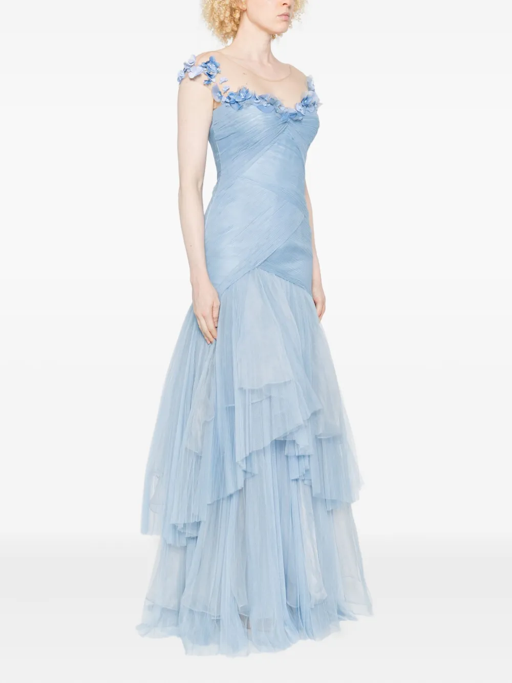 Gemy Maalouf Gelaagde tulen maxi-jurk verfraaid met bloemen Blauw