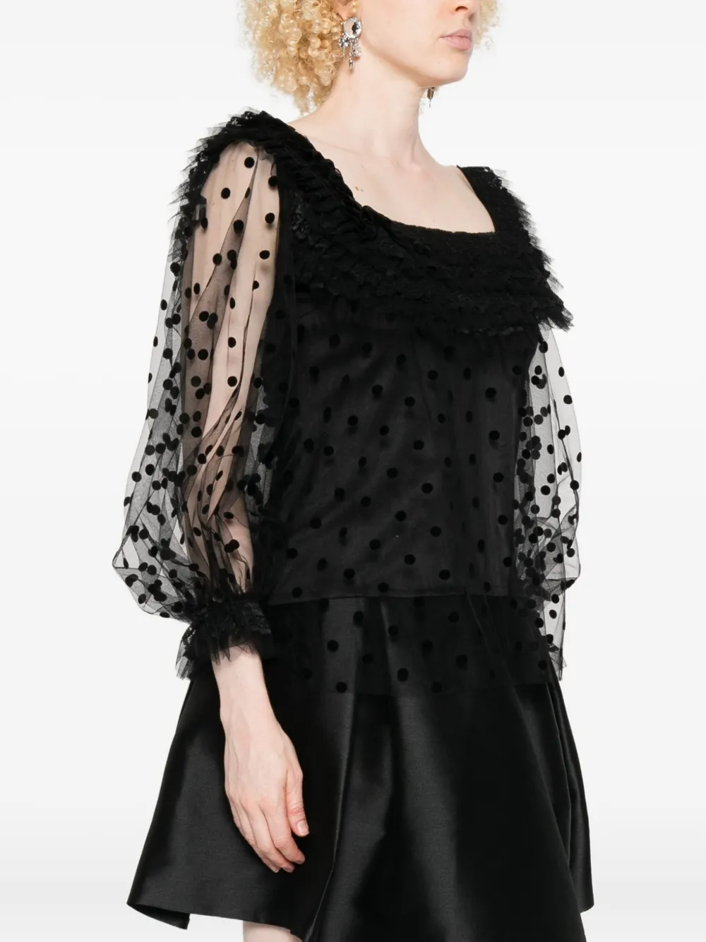 Gemy Maalouf Polka-dot Lace-trimmed Top In Black