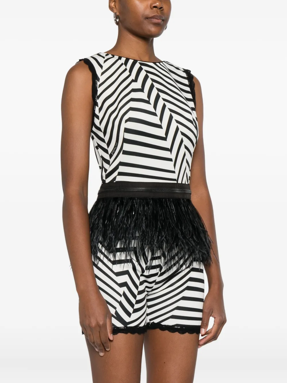  Gemy Maalouf Striped Feather-trim Top - White 