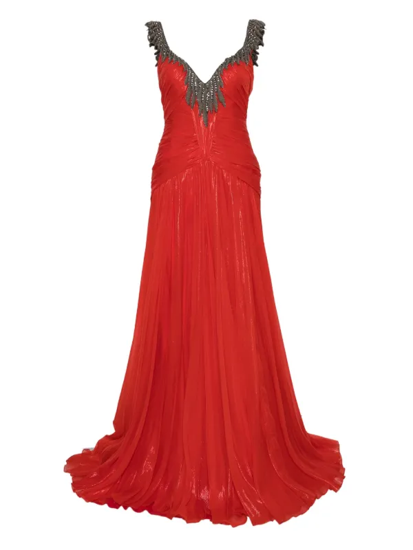 Gemy Maalouf Embellished Pleated Maxi Dress Red FARFETCH