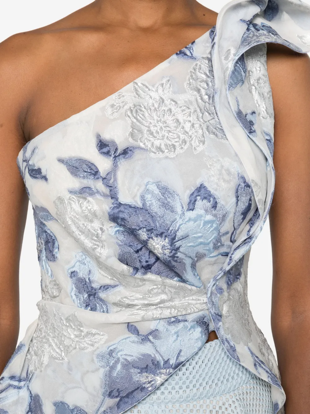 Gemy Maalouf Floral-print One-shoulder Top In Blue