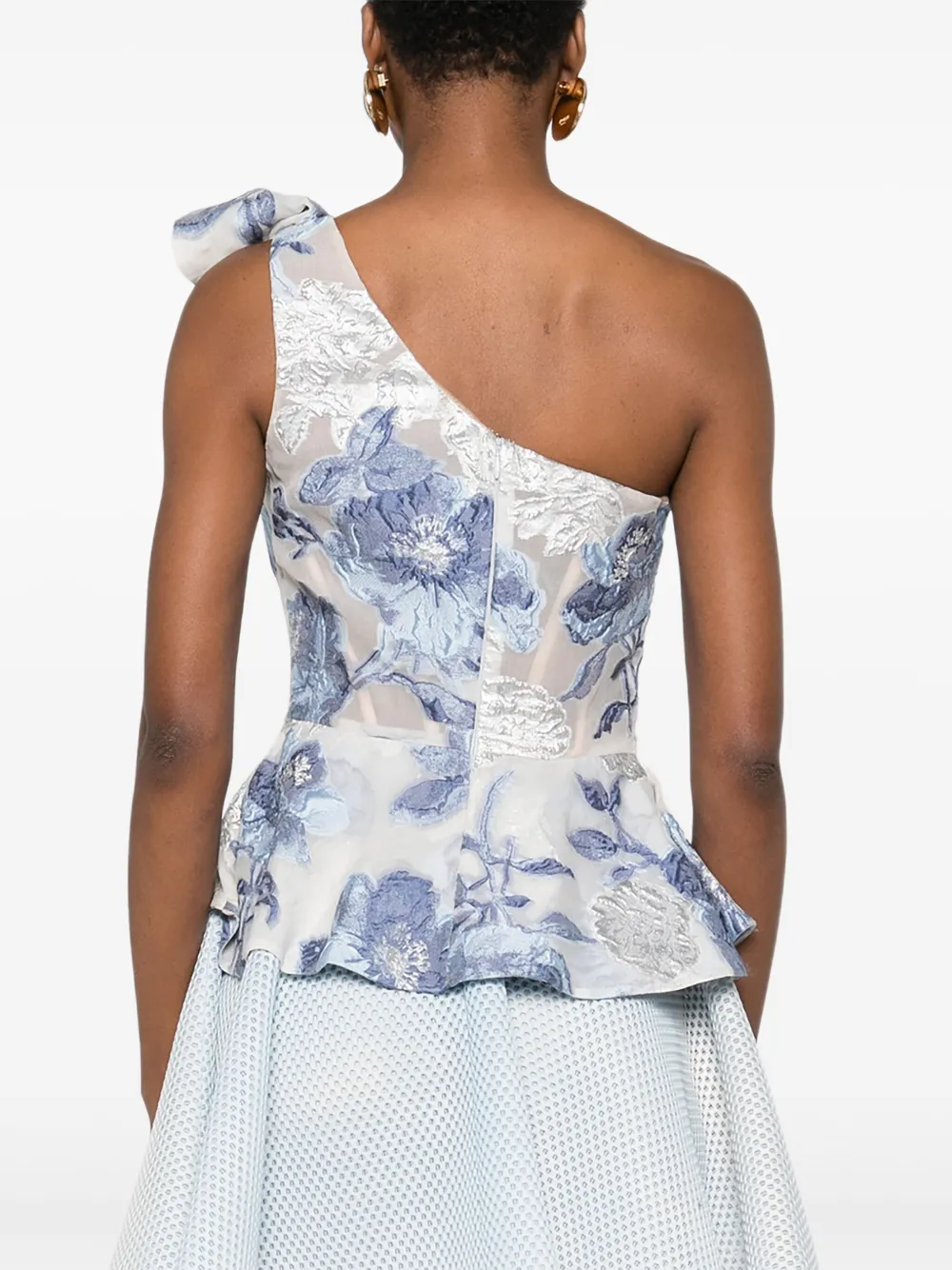Gemy Maalouf Floral-print One-shoulder Top In Blue