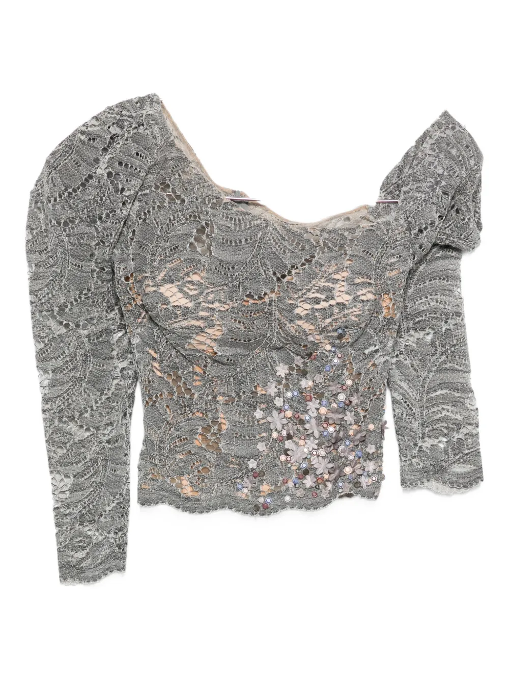 Gemy Maalouf Lace-pattern Puff-sleeve Top In Gray