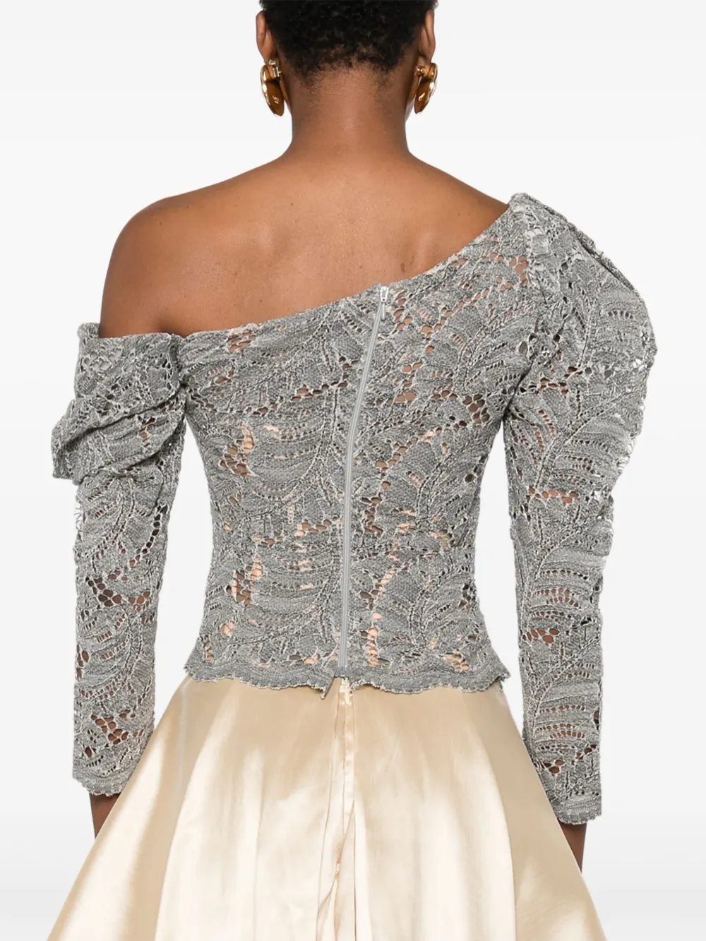 Gemy Maalouf Lace-pattern Puff-sleeve Top In Gray