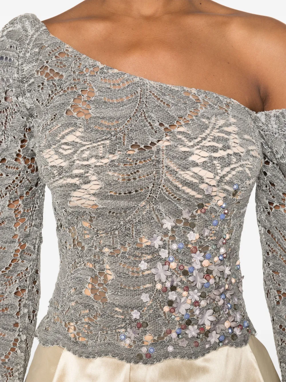 Gemy Maalouf Lace-pattern Puff-sleeve Top In Gray