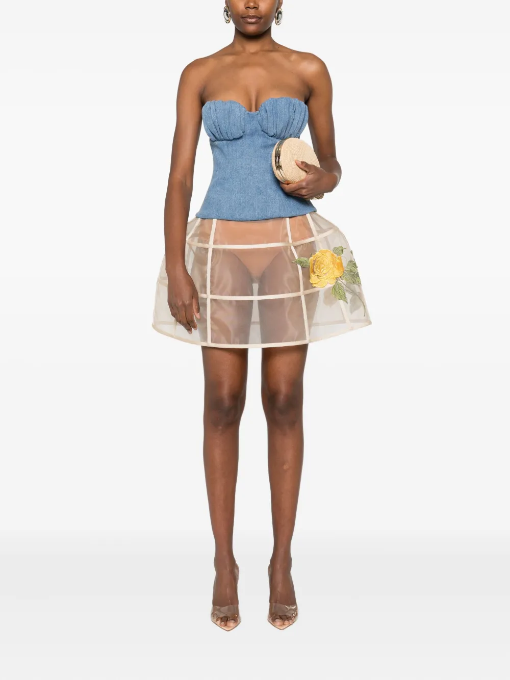 Gemy Maalouf Mini-rok met geborduurde roos en vlakken - Beige