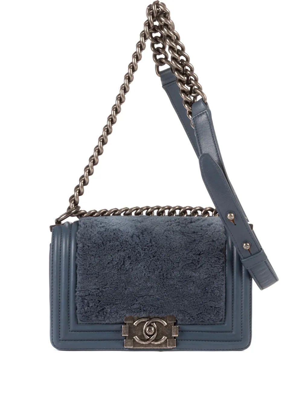 Pre-owned Chanel Boy Flap Fur Shoulder Bag In Blue