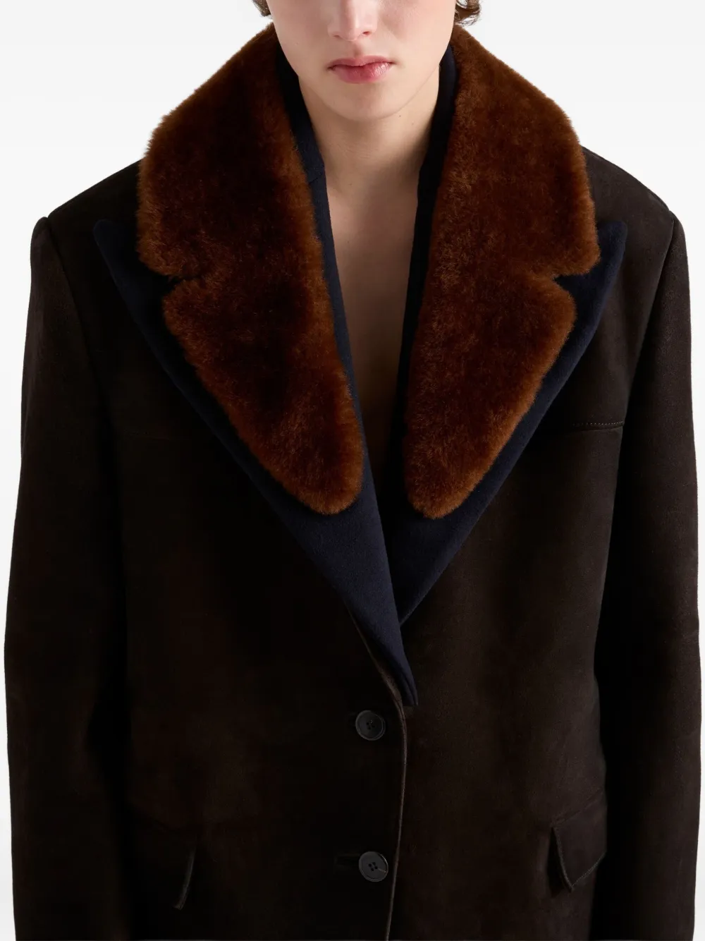 PRADA ブラウンツイードロングコート Prada シアリングカラー スエードコート | ブラウン | FARFETCH JP