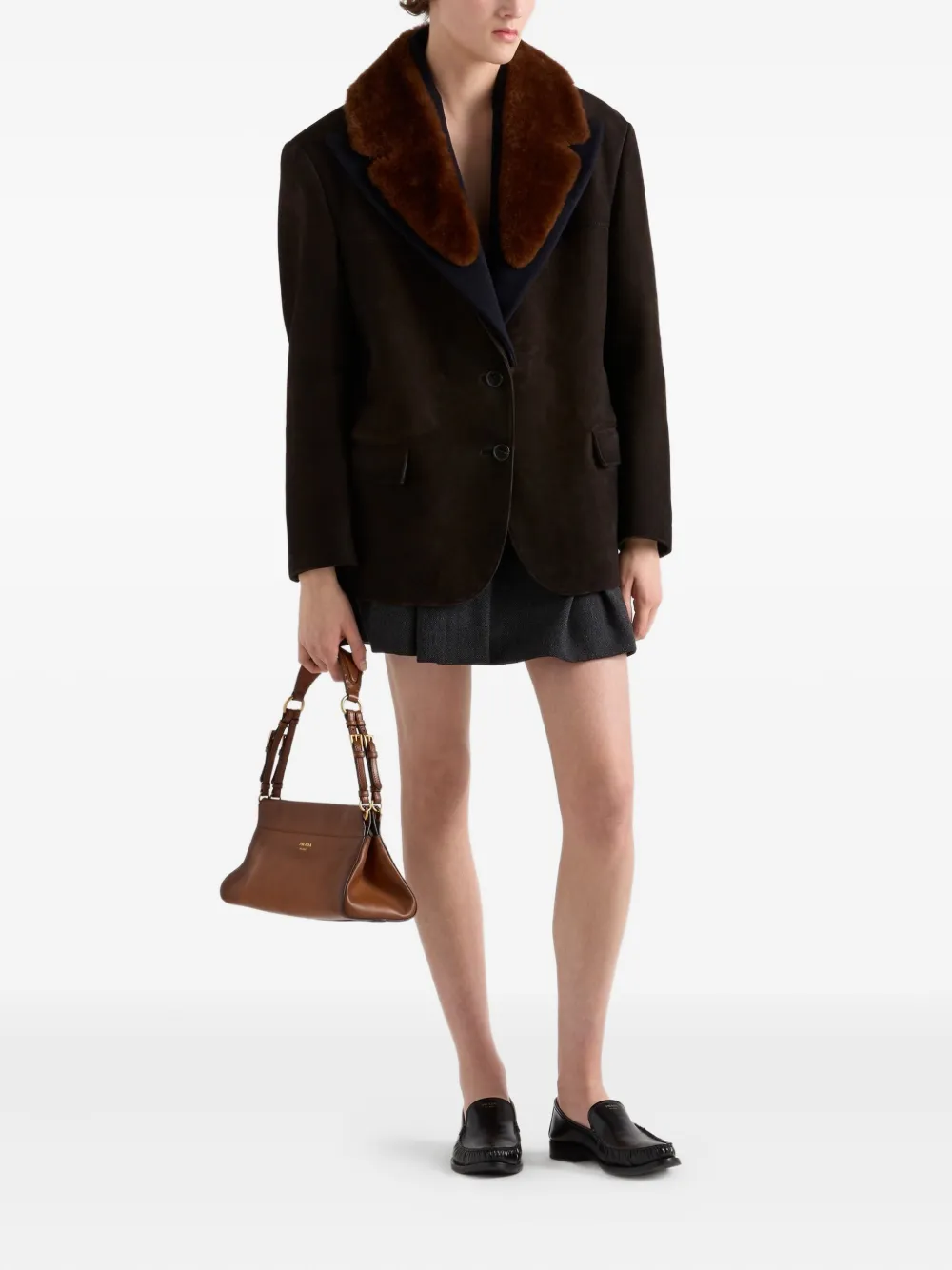 PRADA ブラウンツイードロングコート Prada シアリングカラー スエードコート | ブラウン | FARFETCH JP