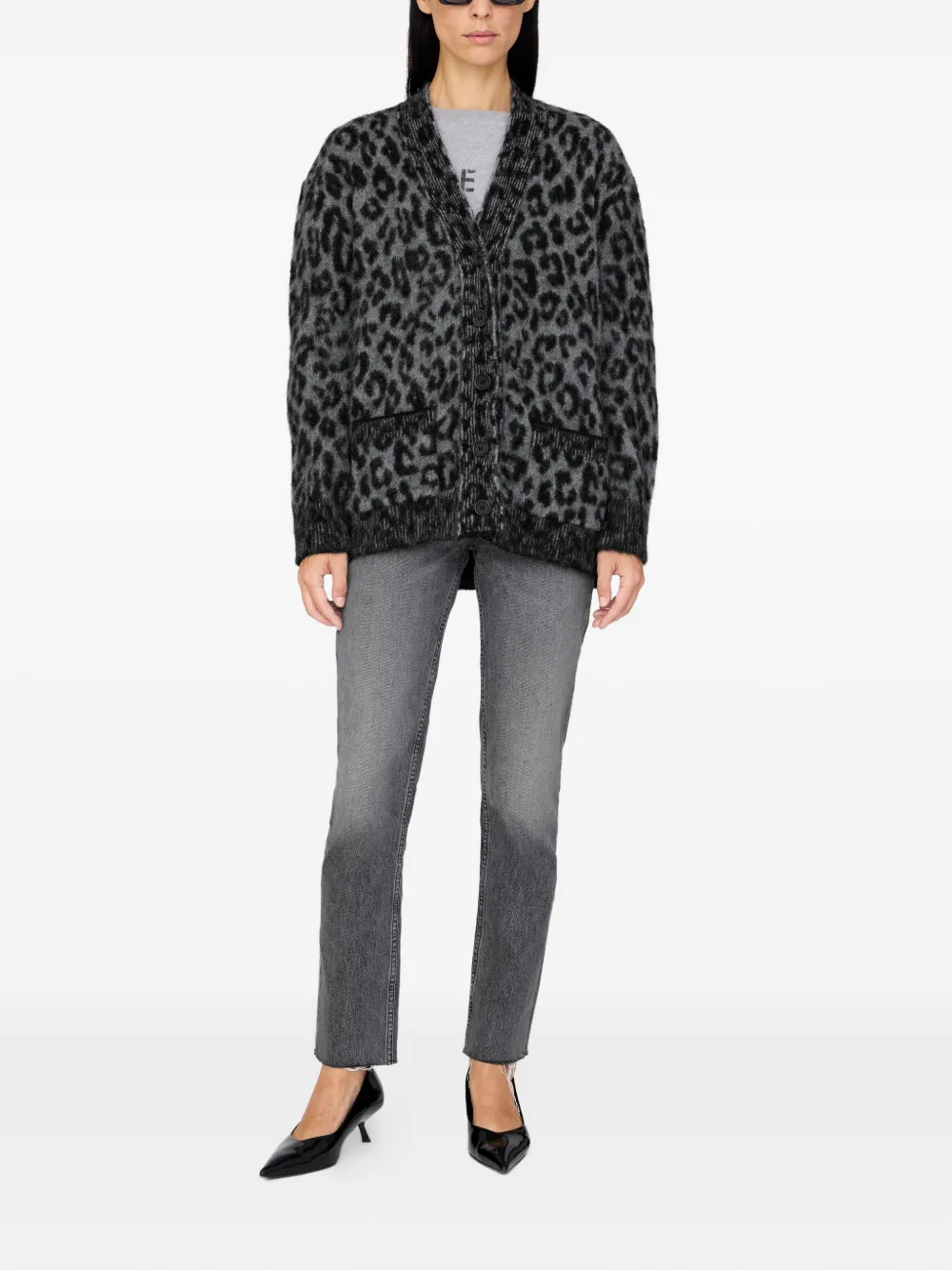 Anine Bing Banks Leopard-print Button Cardigan In Gray